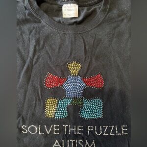 Autism Puzzle Piece Bedazzled womens T-Shirt - Black Multi Color Rhinestones